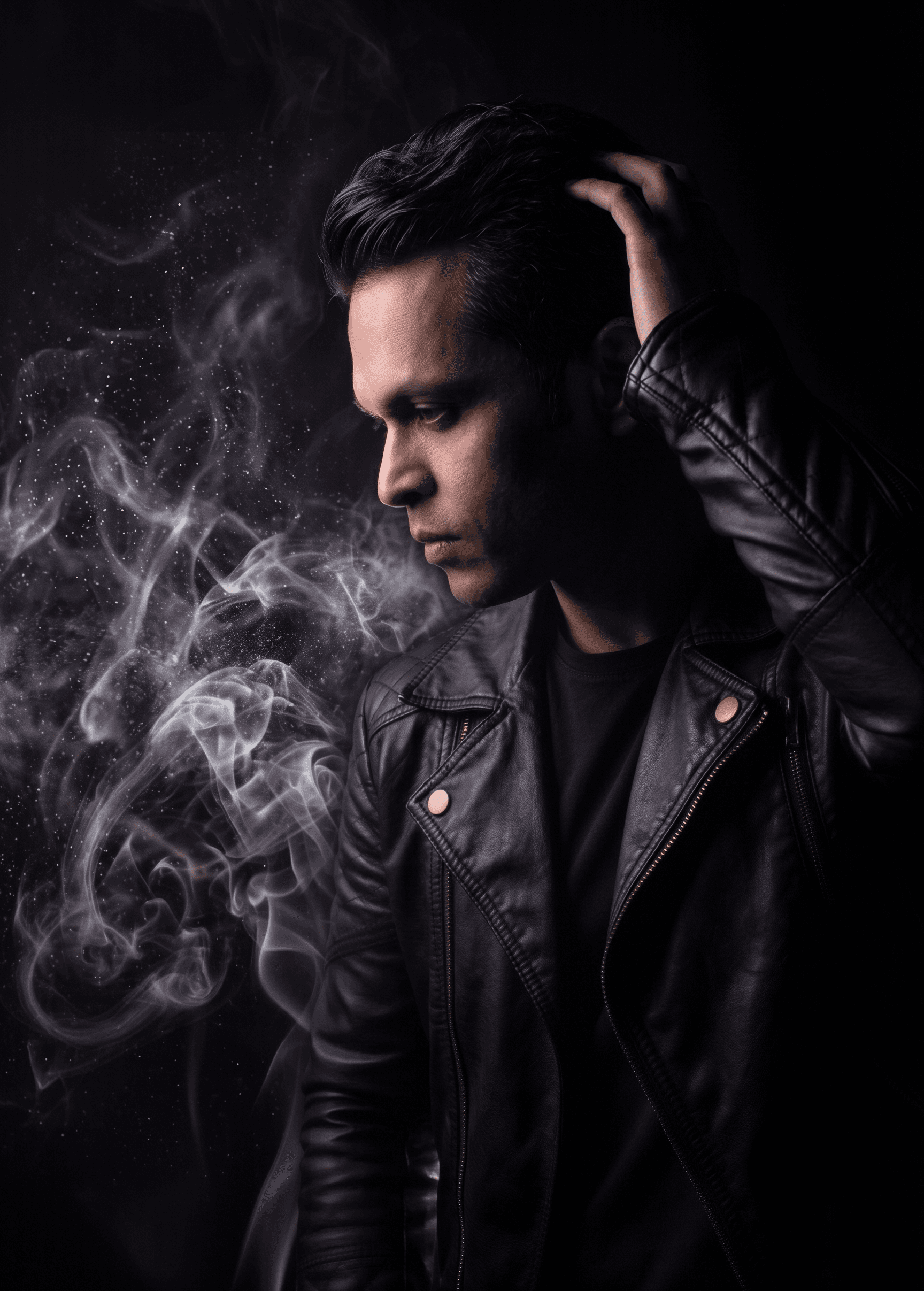 Shammal Qureshi in a leather jacket, wreathed in smoke